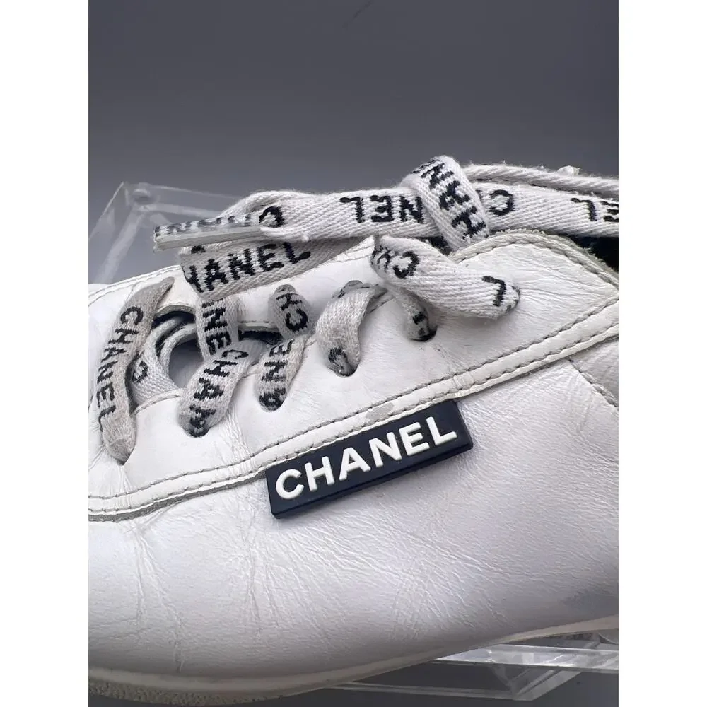 CHANEL CC Logo G34085 White Leather Low Top Lace-Up Sneaker Shoes Size EUR 38